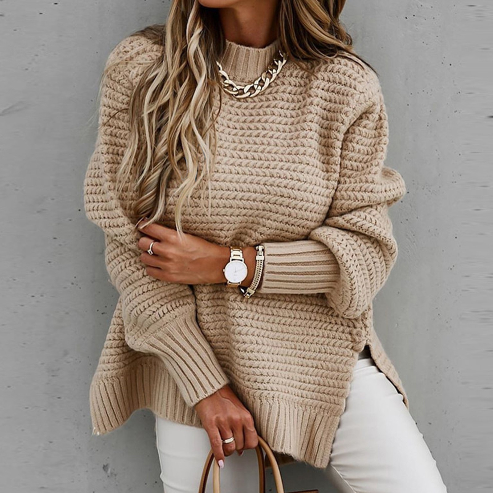 여성 스웨터 패션 하프 하이 넥 느슨한 솔리드 컬러 긴 소매 두꺼운 스웨터 풀오버 Streetwear 가을 겨울 탑스 Mujer